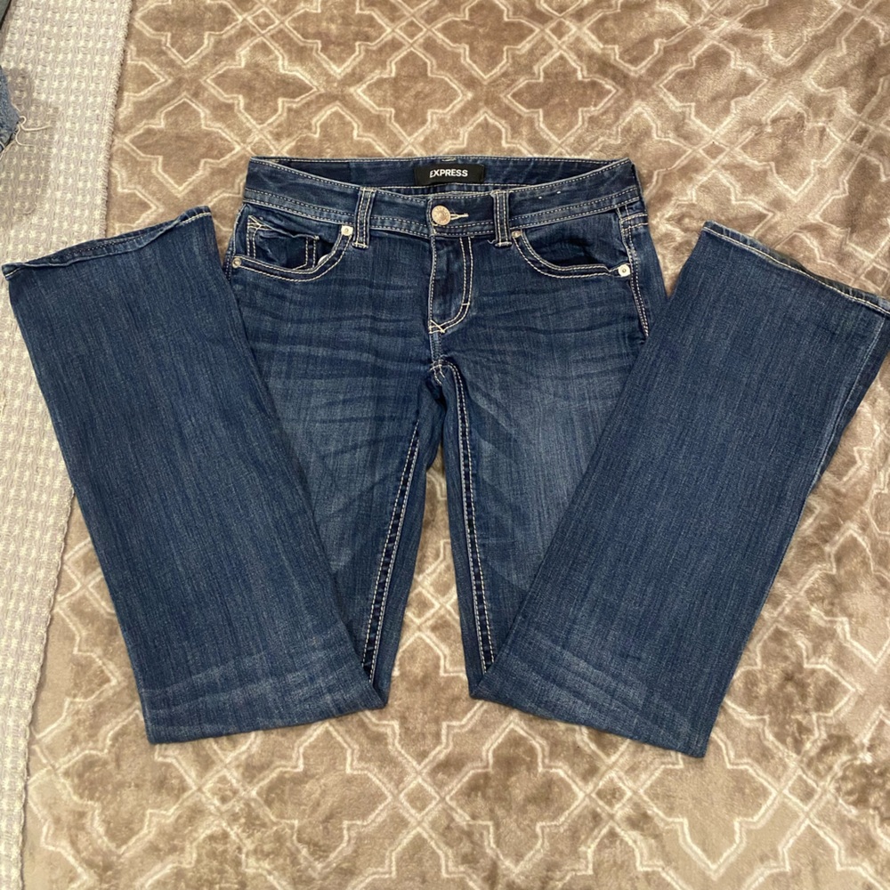 Express Dark Blue Low Rise Boot Cut Jeans